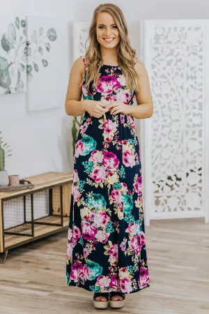 Everything's Alright Floral Print Sleeveless Dress in Navy