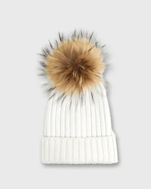 Fur Pom-Pom Beanie in Cream Extra Fine Merino