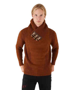 Lrlagos Red Brown Men's Sweaters Slim-Fit 3 Buttons Collar